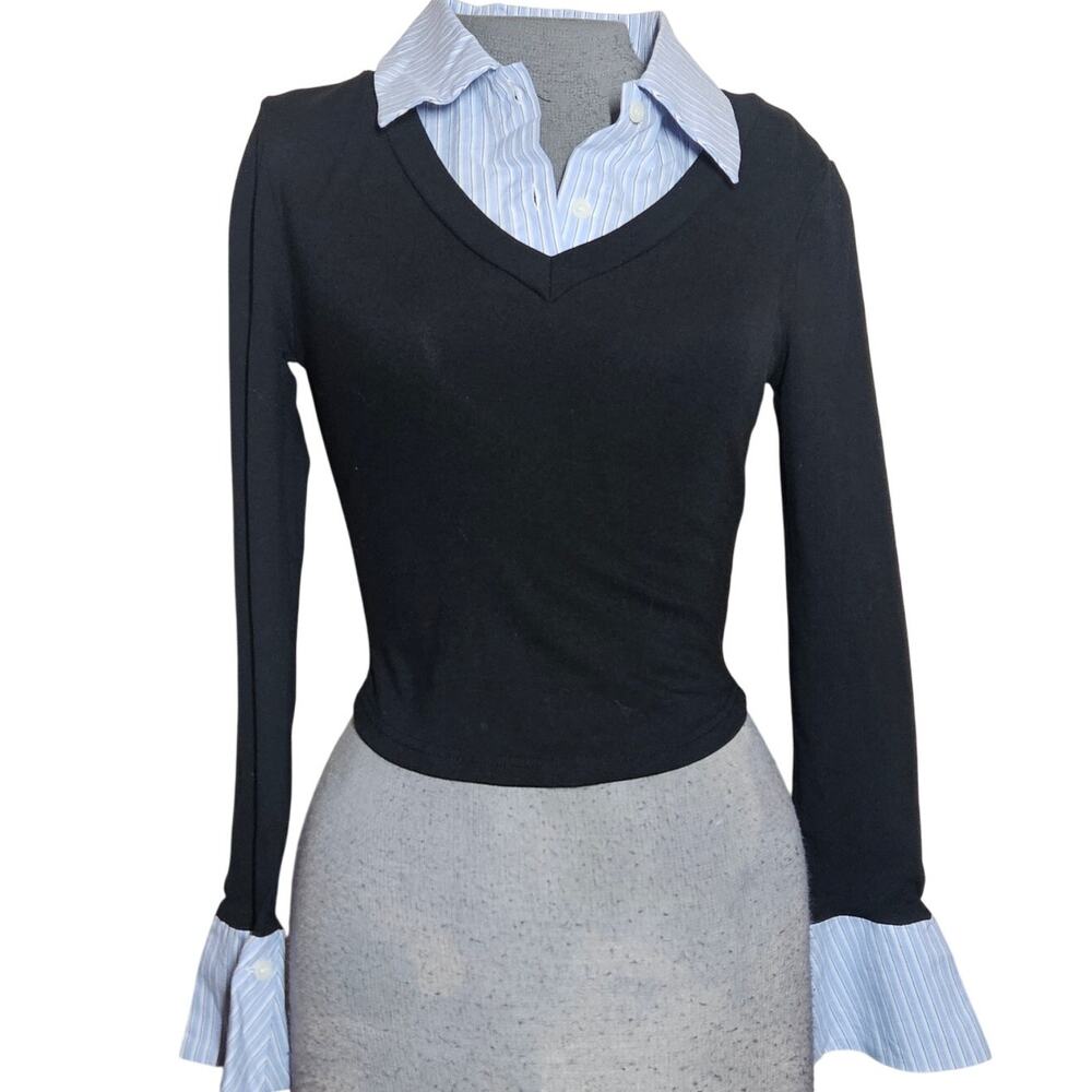 Commense Black V-Neck Layered Look Blouse with Blue Pinstripe Shirt Detail